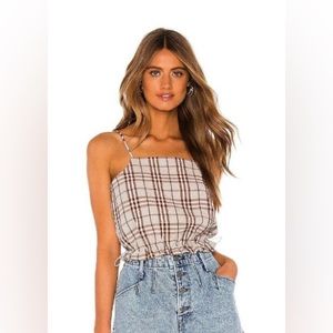 NWT L' ACADEMIE “Jane Brown”  Crop Plaid Crepe Ruffle Spaghetti Strap Top. SM.
